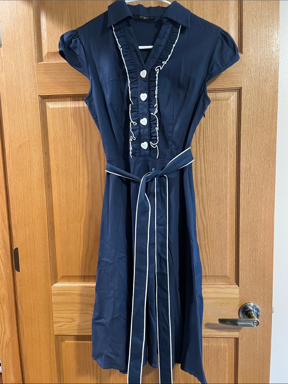 Navy Ruffle-Front Shirt Dress with Contrast Trim